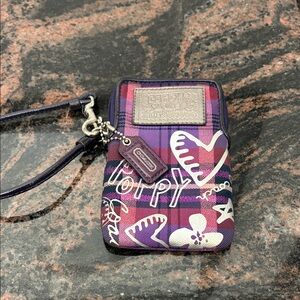 Coach Poppy Purple Plaid Wristlet with Heart Design
